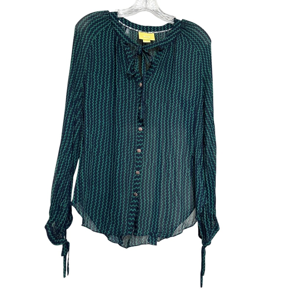 Maeve Anthropologie Womens Top Sz M Green Chevron Sheer‎ Button Front Blouse